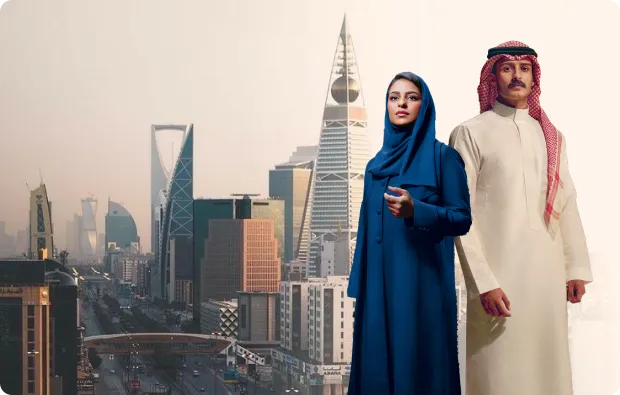 Two professionals in traditional Saudi attire with the Riyadh skyline including Kingdom Centre and Al Faisaliyah Center