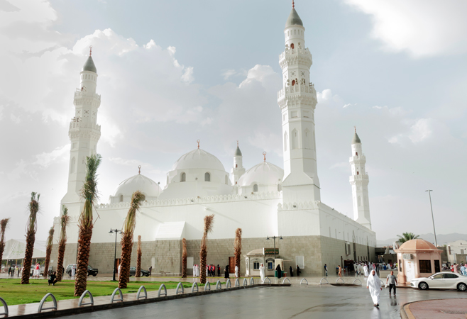 The stunning white exterior of Quba Masjid, the first mosque in Islam