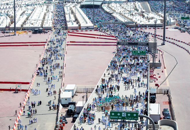 A view above Mina's expansive tent accommodations – an essential rest point between Arafat and Muzdalifah in the Hajj travel sequence