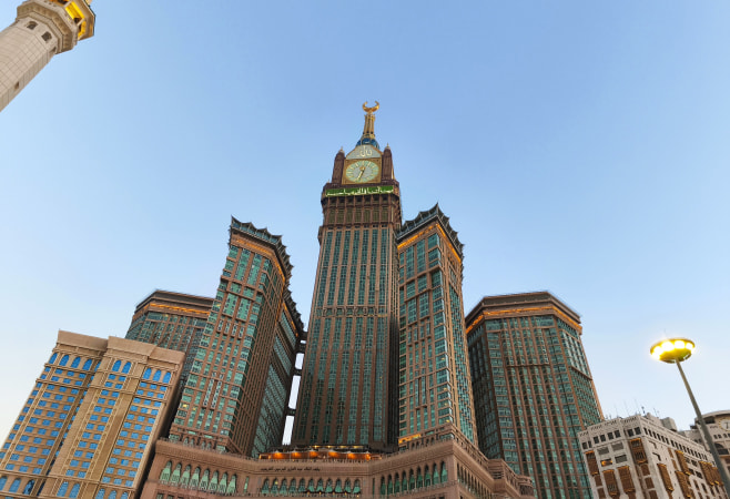Architectural splendor of Fairmont Makkah, overlooking the sacred Kaaba.