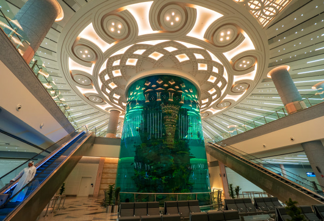 A giant seawater fish aquarium inside Terminal 1 at the King Abdulaziz International Airport in Jeddah, Saudi Arabia